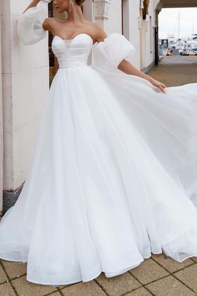 K1325 - Sweetheart Strapless Ruched Tulle Satin A-Line Long Wedding Gown