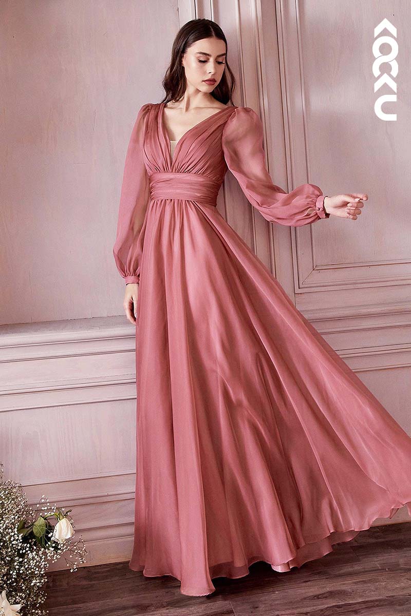 B4003 - V-Neck Long Sleeves Ruched Tulle A-Line Long Bridesmaid Dress