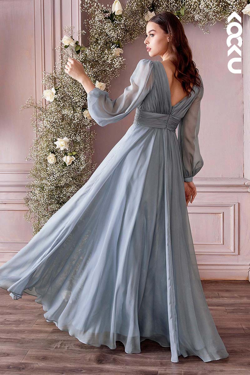 B4003 - V-Neck Long Sleeves Ruched Tulle A-Line Long Bridesmaid Dress