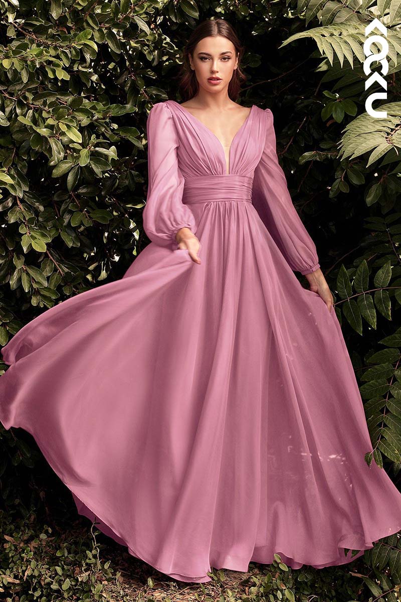 B4003 - V-Neck Long Sleeves Ruched Tulle A-Line Long Bridesmaid Dress