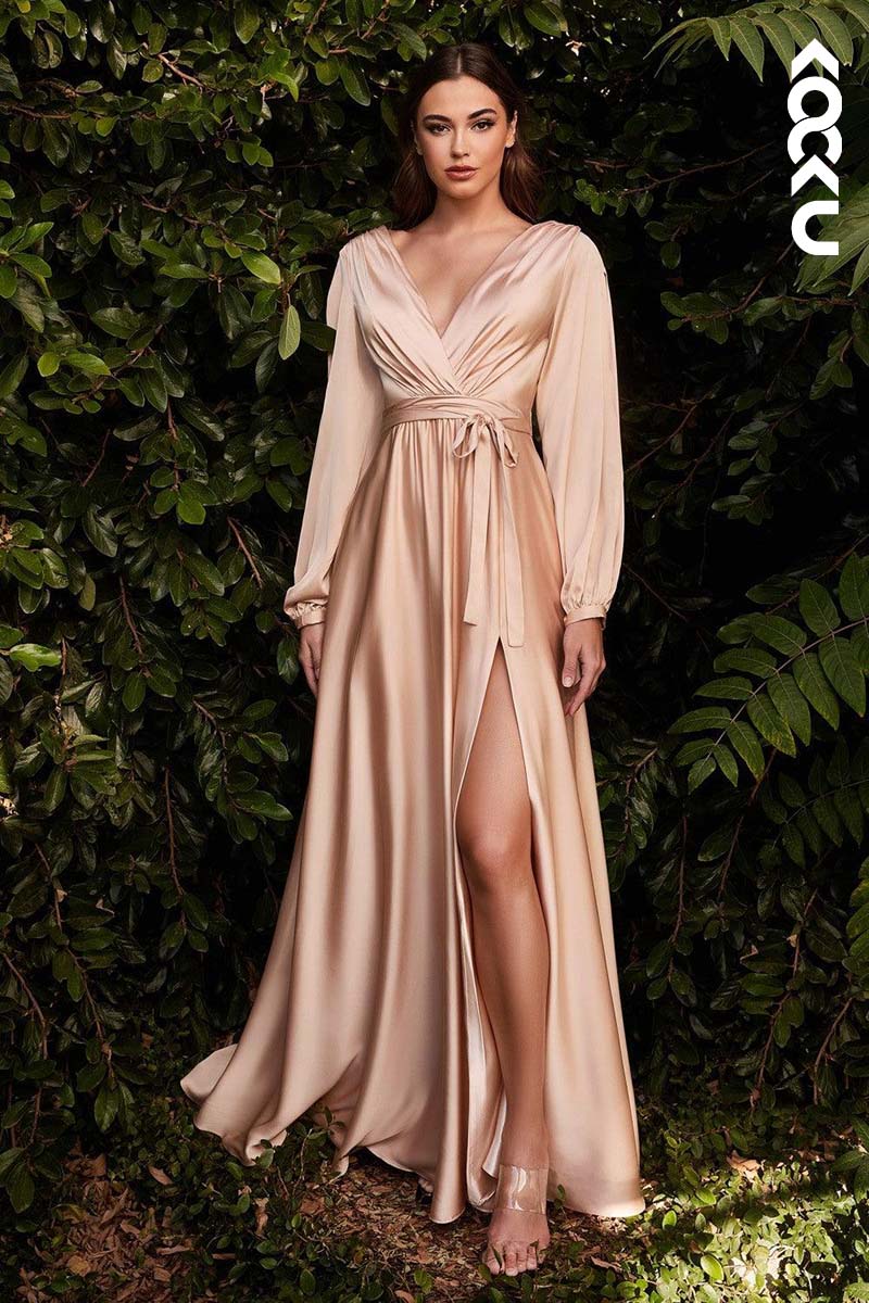 B4007 - V-Neck Long Sleeves Satin A-Line Long Bridesmaid Dress With Slit