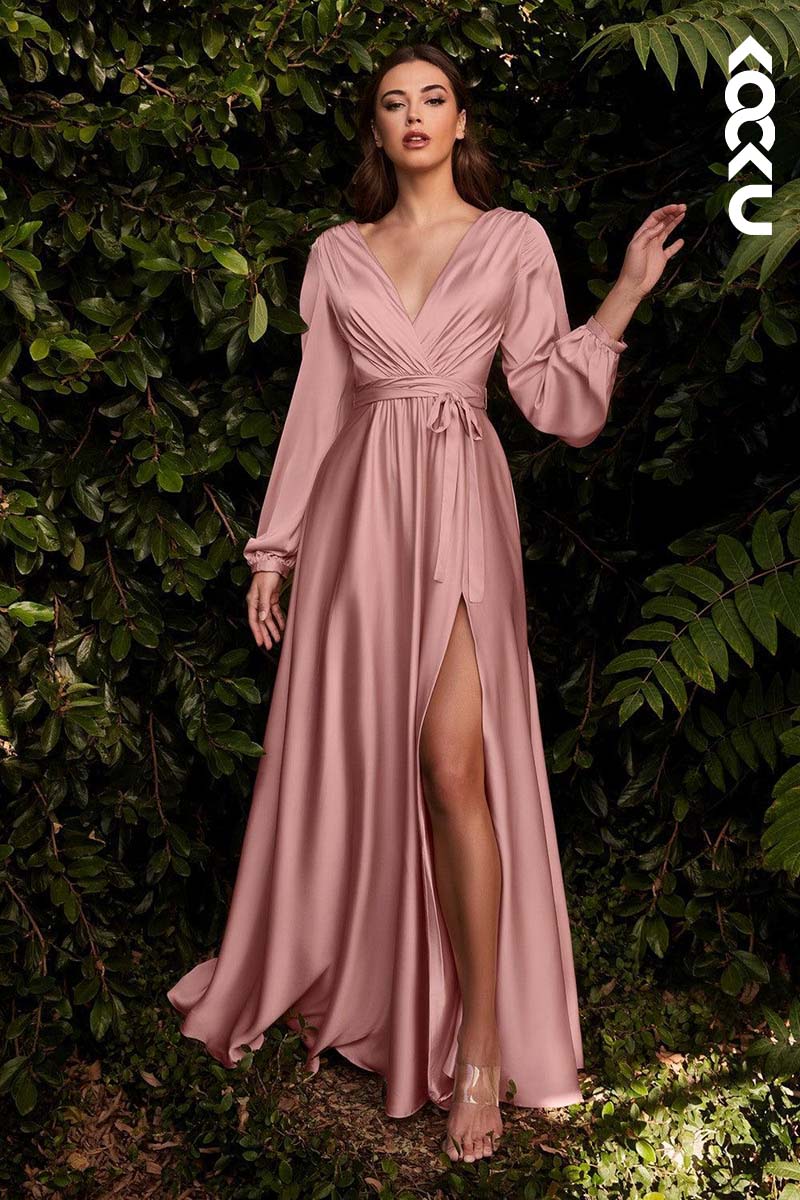 B4007 - V-Neck Long Sleeves Satin A-Line Long Bridesmaid Dress With Slit