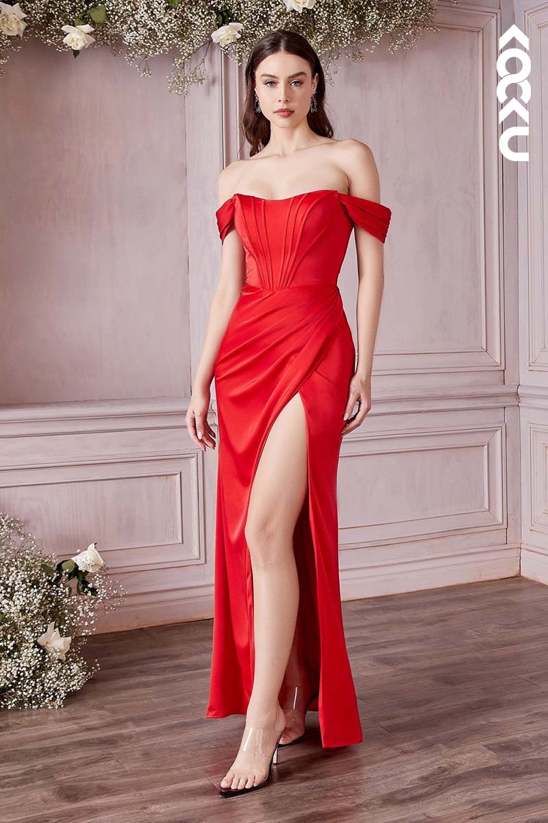 B4009 - Off-Shoulder Ruched Satin Sheath Long Bridesmaid Dress With Slit