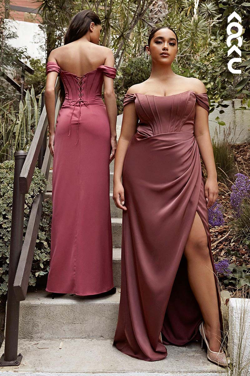 B4009 - Off-Shoulder Ruched Satin Sheath Long Bridesmaid Dress With Slit