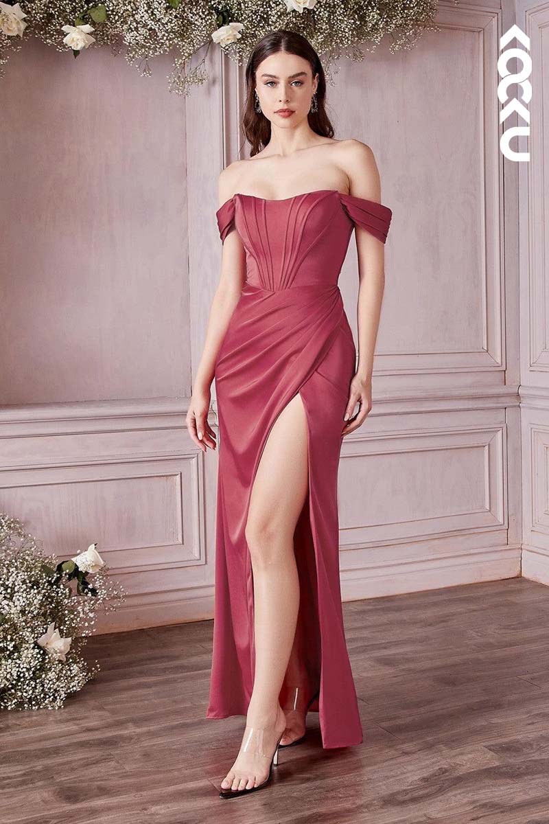 B4009 - Off-Shoulder Ruched Satin Sheath Long Bridesmaid Dress With Slit