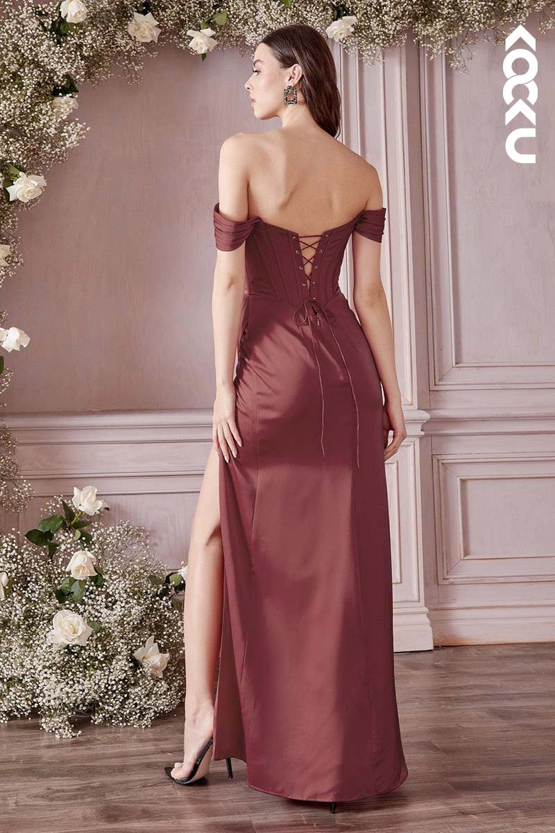 B4009 - Off-Shoulder Ruched Satin Sheath Long Bridesmaid Dress With Slit