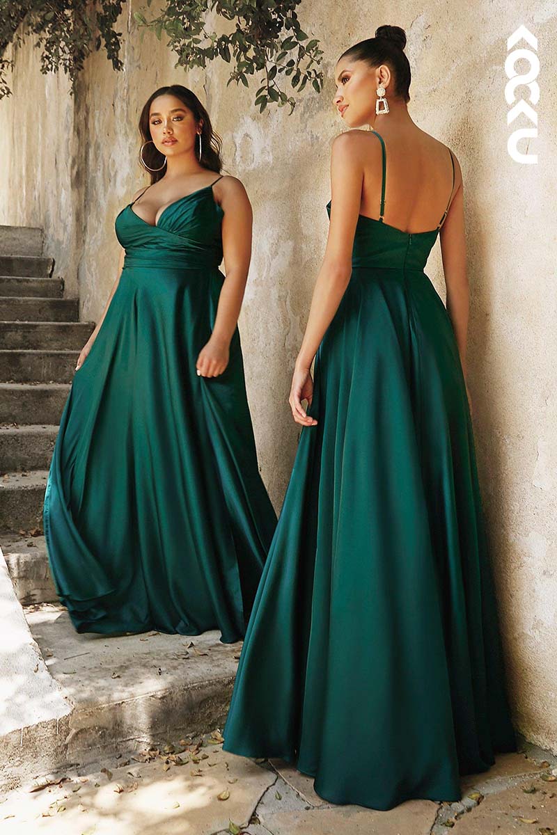 B4010 - V-Neck Spaghetti Straps Satin A-Line Long Bridesmaid Dress