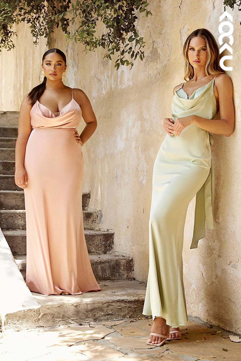 B4011 - V-Neck Spaghetti Straps Sheath Long Bridesmaid Dress