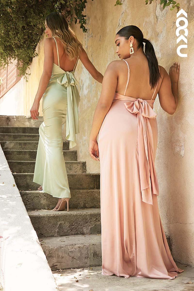 B4011 - V-Neck Spaghetti Straps Sheath Long Bridesmaid Dress