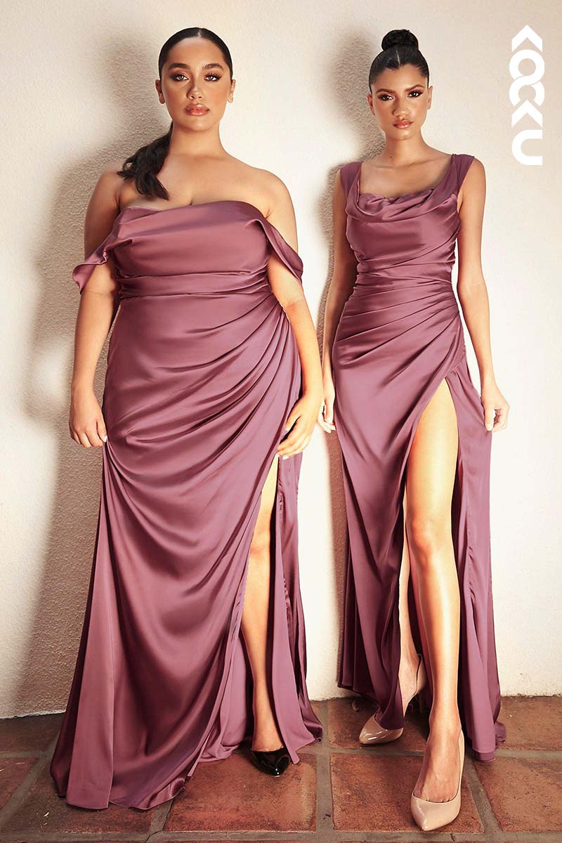 B4012 - Off-Shoulder Ruched Satin Sheath Long Bridesmaid Dress