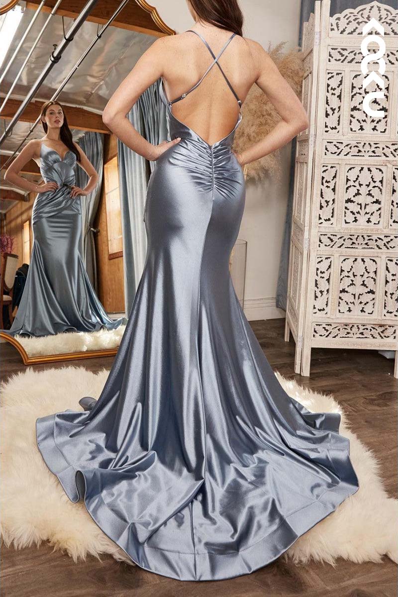 B4016 - V-Neck Ruched Satin Mermaid Long Bridesmaid Dress