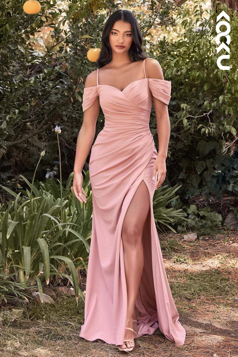 B4018 - Off Shoulder Ruched Satin Sheath Long Bridesmaid Dress