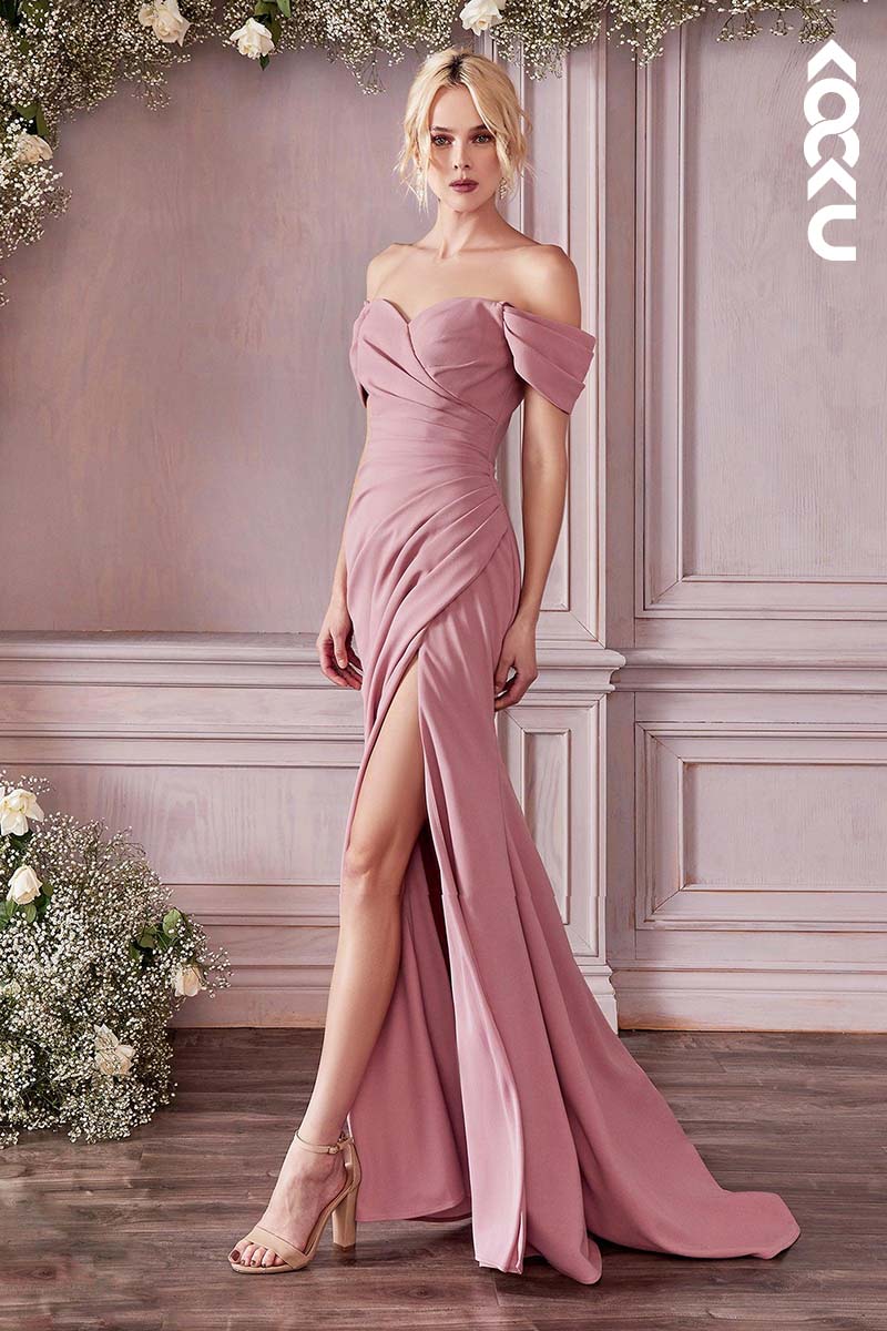 B4018 - Off Shoulder Ruched Satin Sheath Long Bridesmaid Dress