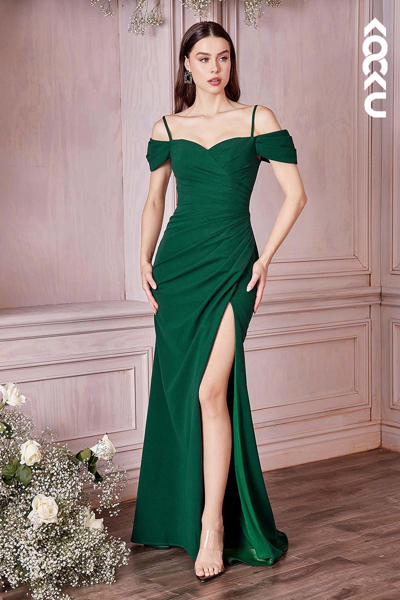 B4018 - Off Shoulder Ruched Satin Sheath Long Bridesmaid Dress