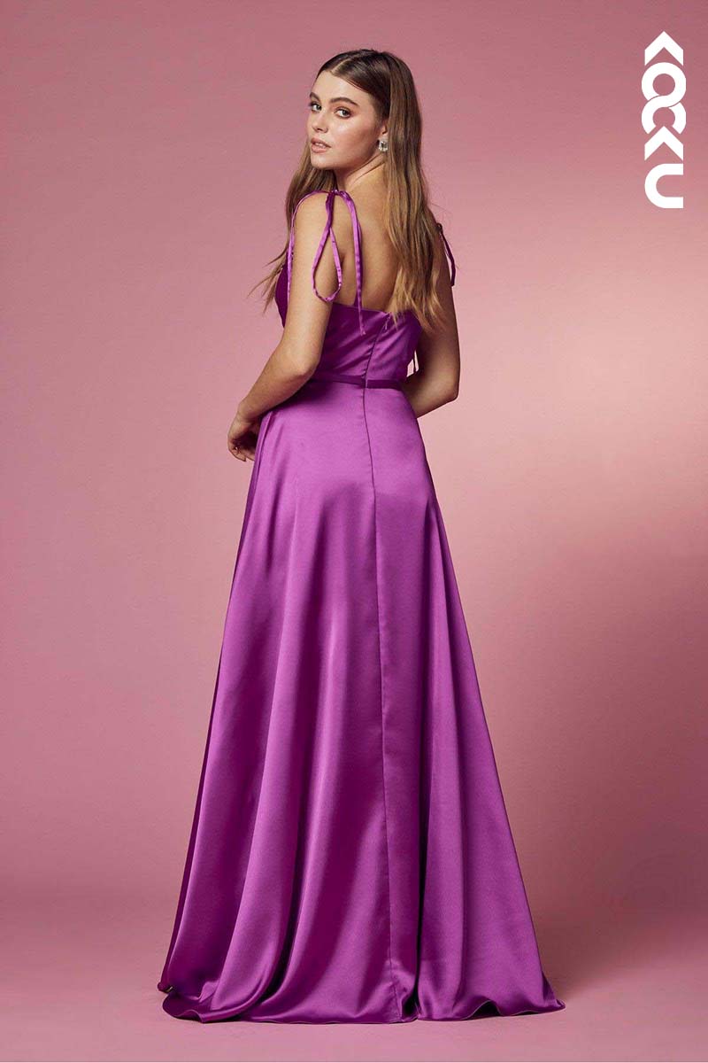 B4020 - V-Neck Spaghetti Straps Satin A-Line Long Bridesmaid Dress