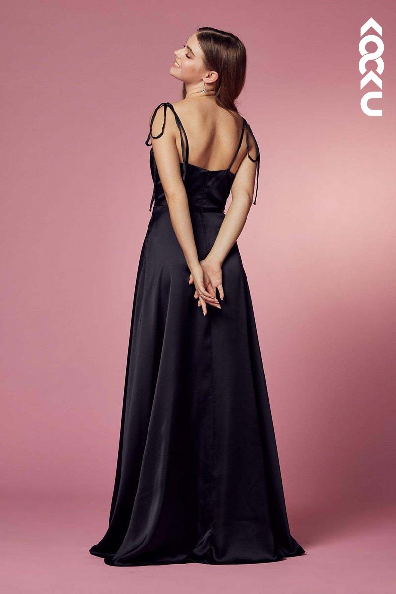 B4020 - V-Neck Spaghetti Straps Satin A-Line Long Bridesmaid Dress