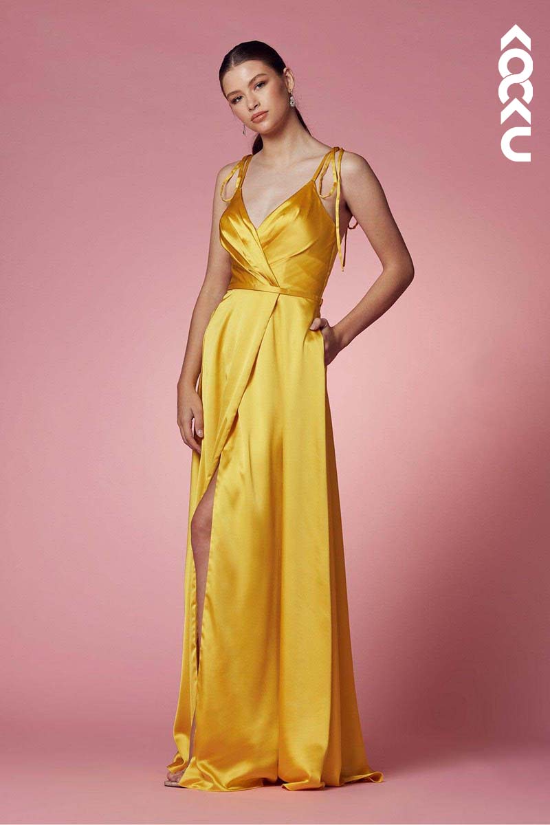 B4020 - V-Neck Spaghetti Straps Satin A-Line Long Bridesmaid Dress