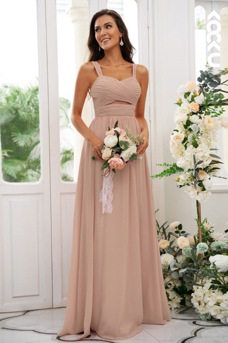 B4021 - V-Neck Ruched Cut Outs A-Line Chiffon Long Bridesmaid Dress