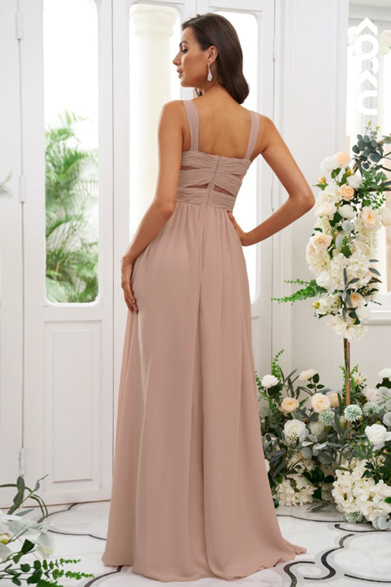 B4021 - V-Neck Ruched Cut Outs A-Line Chiffon Long Bridesmaid Dress