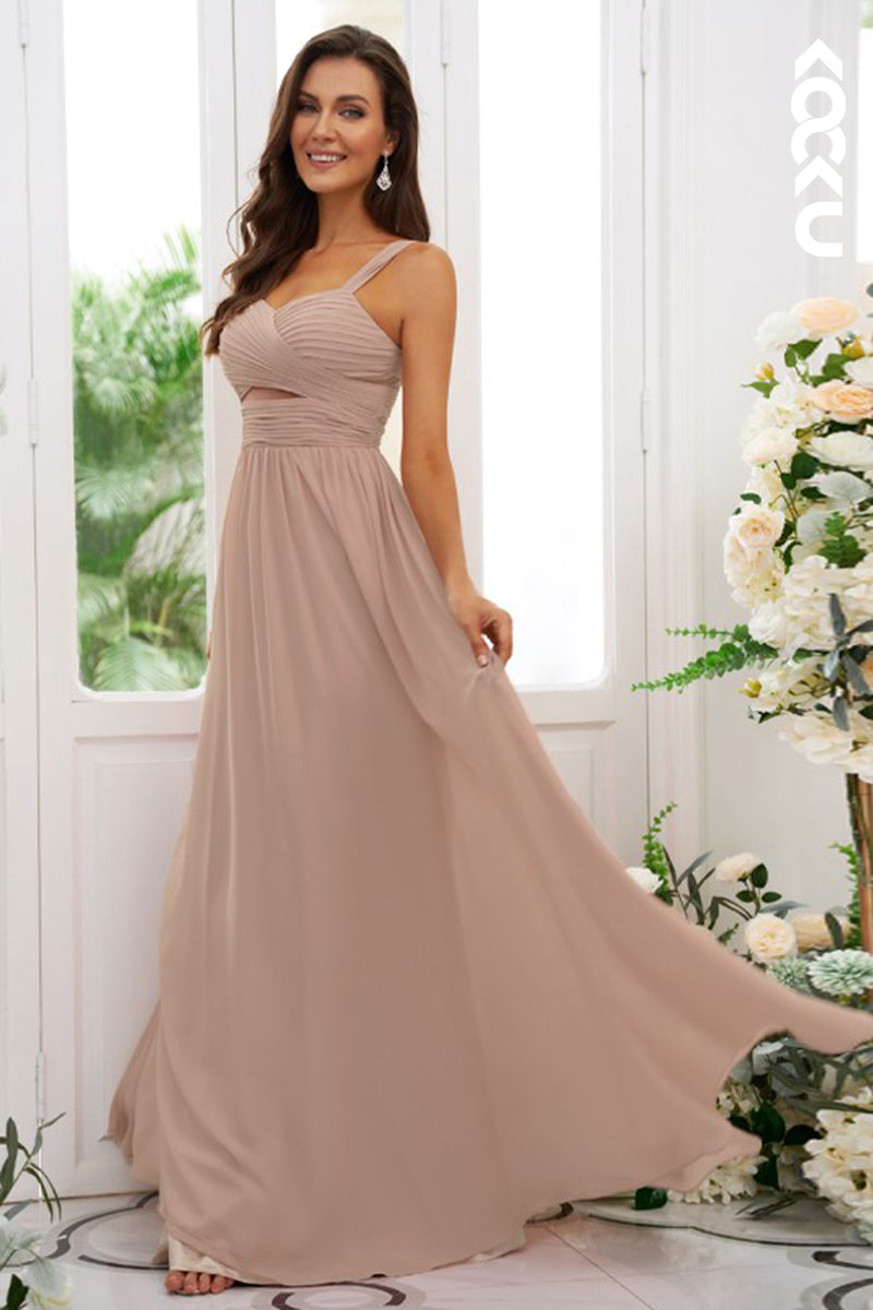 B4021 - V-Neck Ruched Cut Outs A-Line Chiffon Long Bridesmaid Dress