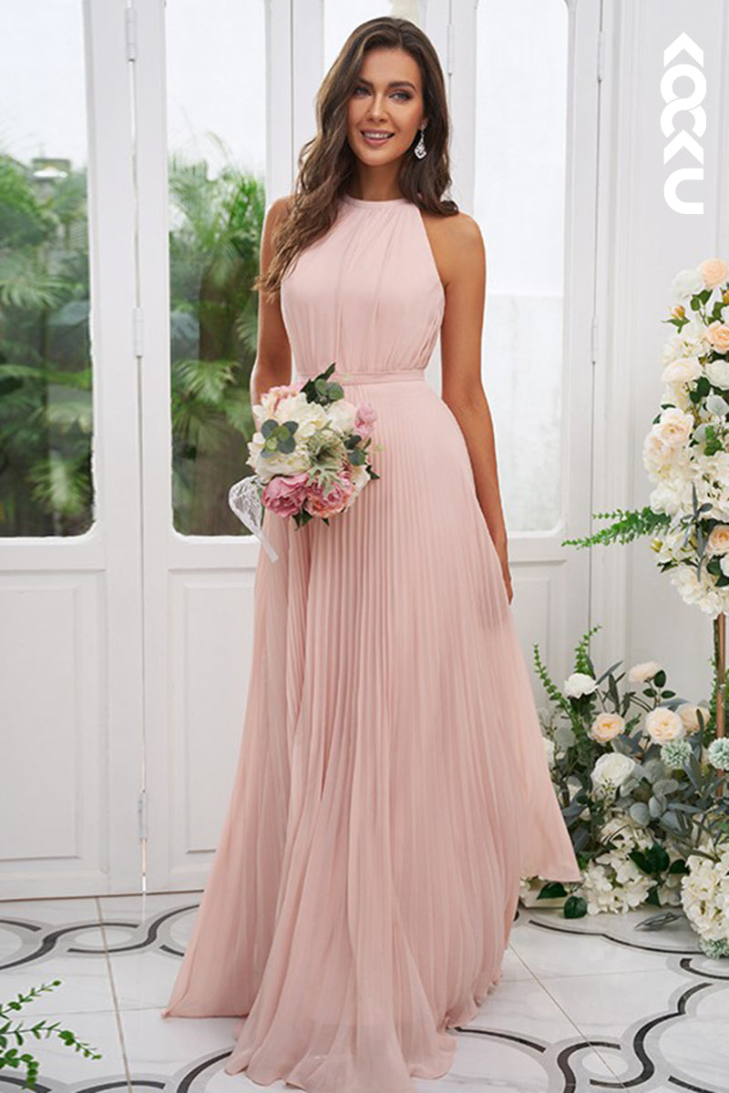 B4022 - Pink Halter Ruched Chiffon A-Line Long Bridesmaid Dress