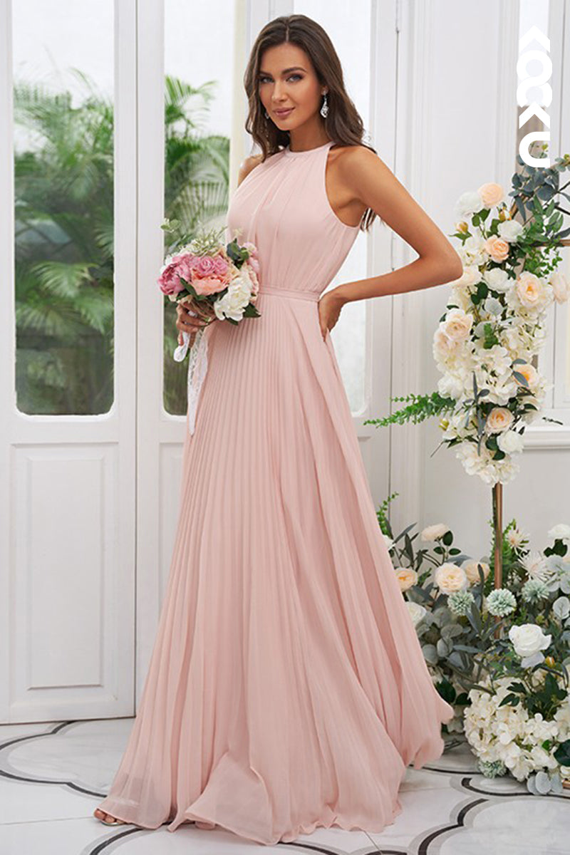 B4022 - Pink Halter Ruched Chiffon A-Line Long Bridesmaid Dress