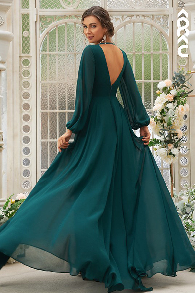 B4023 - V-Neck Long Sleeves Backless Ruched Chiffon A-Line Long Bridesmaid Dress