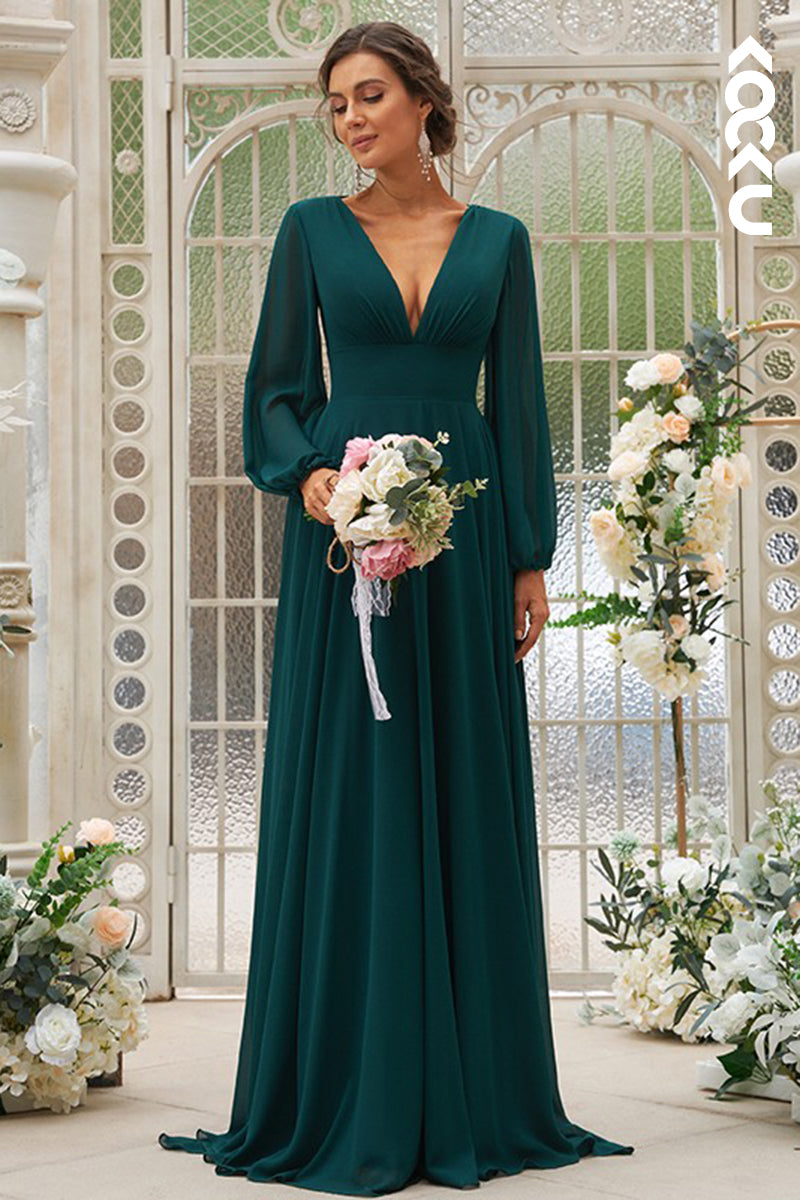 B4023 - V-Neck Long Sleeves Backless Ruched Chiffon A-Line Long Bridesmaid Dress