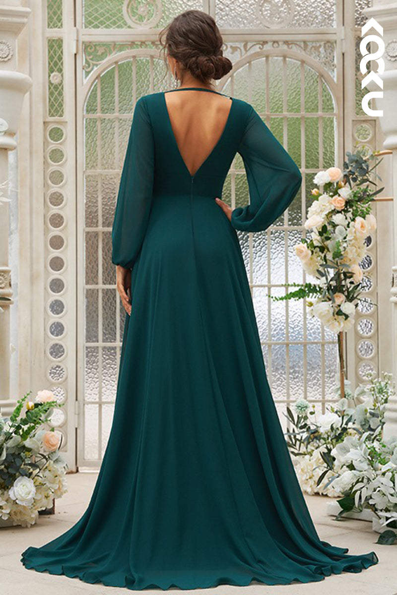 B4023 - V-Neck Long Sleeves Backless Ruched Chiffon A-Line Long Bridesmaid Dress