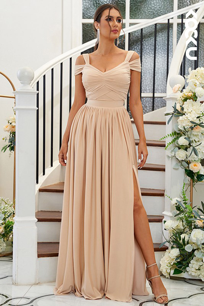 B4025 - Off-Shoulder Ruched Satin A-Line Long Bridesmaid Dress With Slit