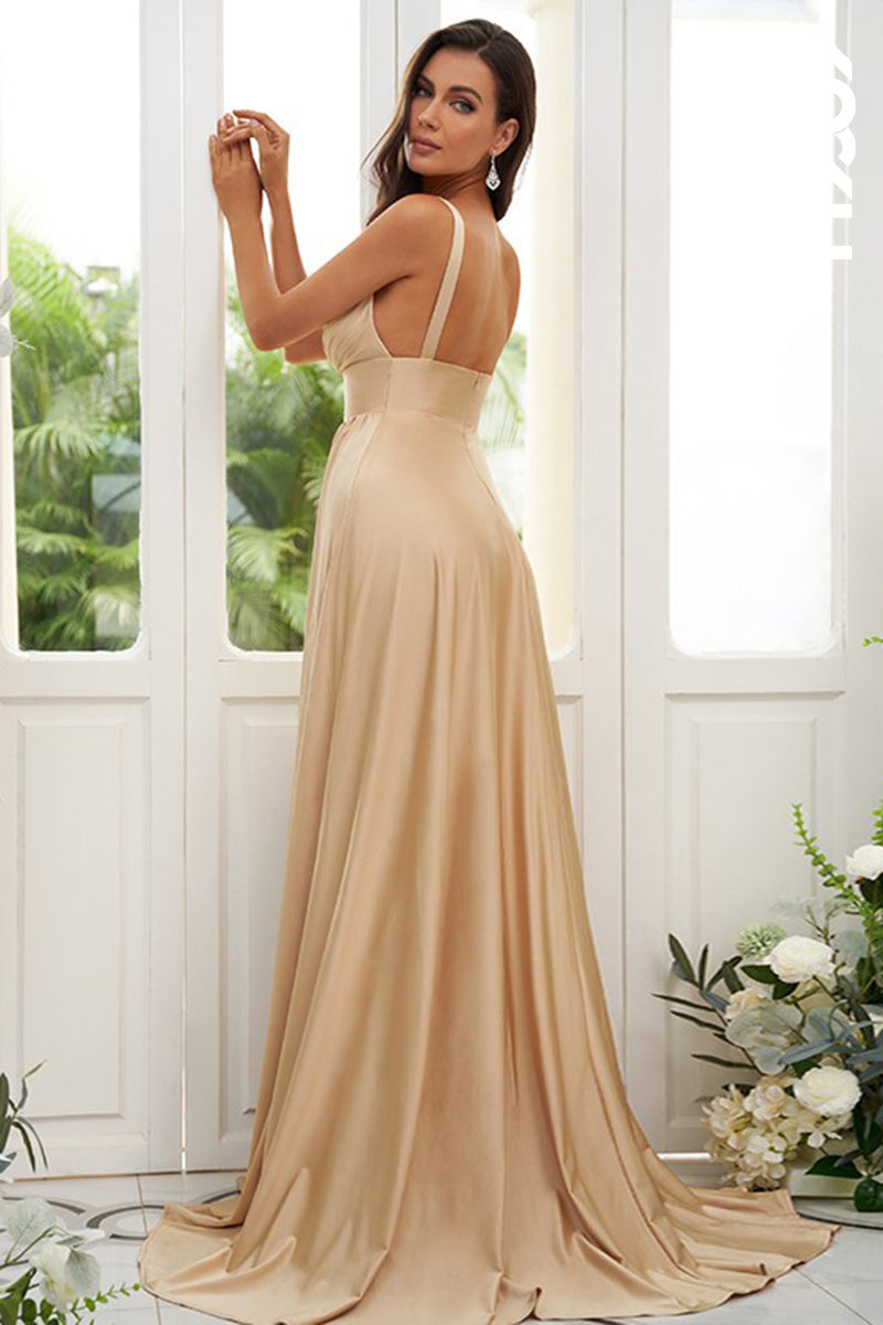 B4026 - V-Neck Ruched Satin A-Line Long Bridesmaid Dress With Slit