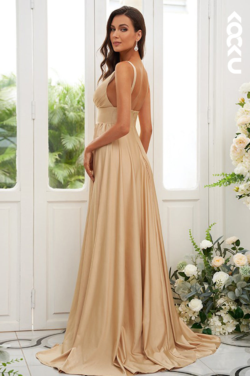 B4026 - V-Neck Ruched Satin A-Line Long Bridesmaid Dress With Slit