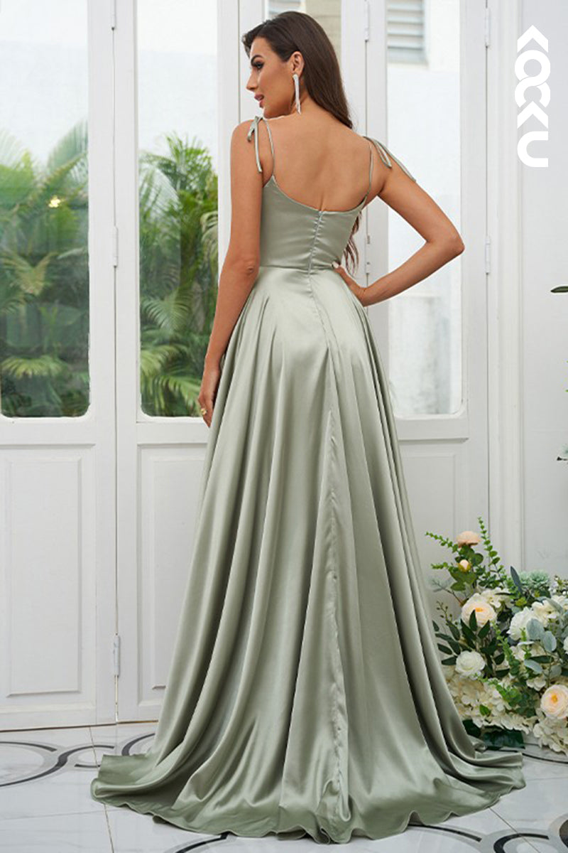 B4027 - Spaghetti Straps Satin A-Line Long Bridesmaid Dress With Slit