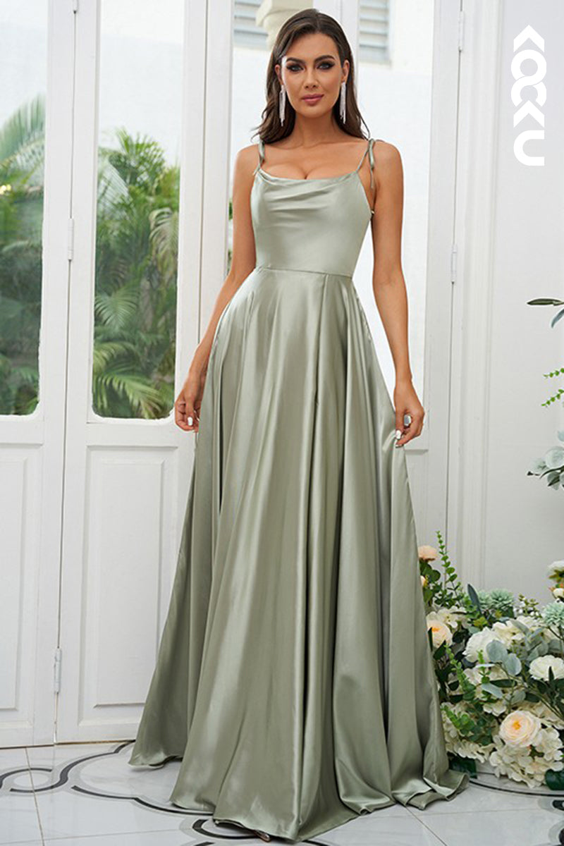 B4027 - Spaghetti Straps Satin A-Line Long Bridesmaid Dress With Slit