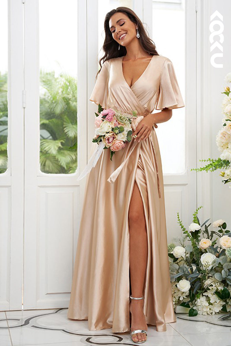 B4028 - V-Neck Short Sleeves Satin A-Line Long Bridesmaid Dress With Slit