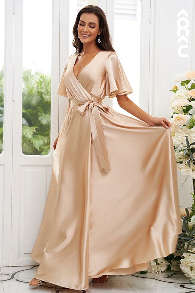 B4028 - V-Neck Short Sleeves Satin A-Line Long Bridesmaid Dress With Slit