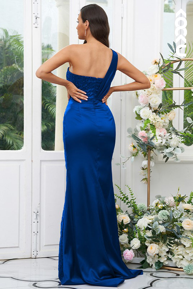 B4029 - One Shoulder Sequined Ruched Satin Sheath Long Bridesmaid Dress