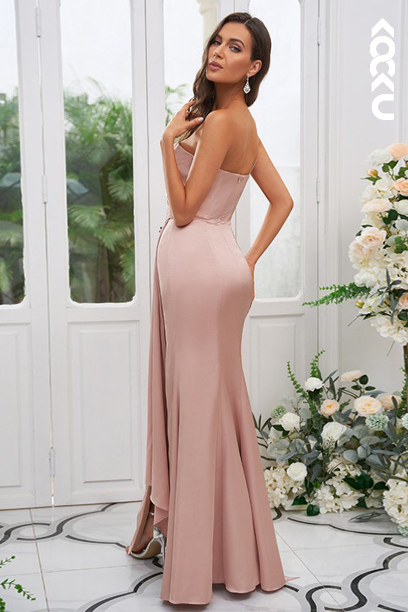 B4031 - One Shoulder Ruched Satin Sheath Long Bridesmaid Dress With Slit