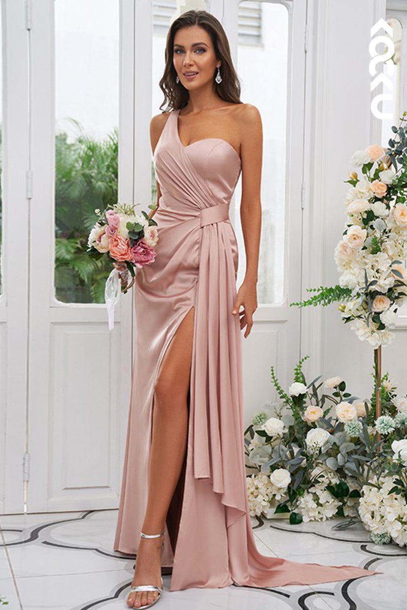 B4031 - One Shoulder Ruched Satin Sheath Long Bridesmaid Dress With Slit