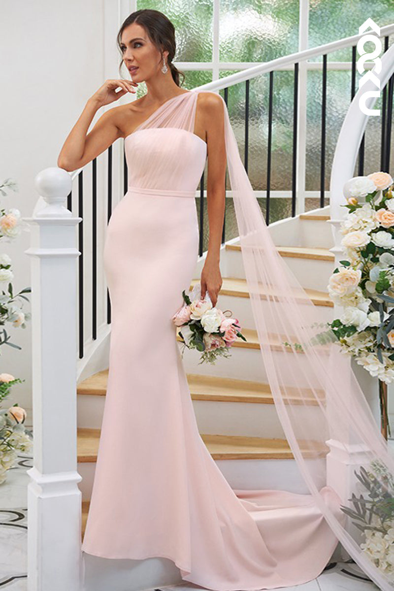 B4035 - One Shoulder Satin Sheath Long Bridesmaid Dress With Tulle Shawl