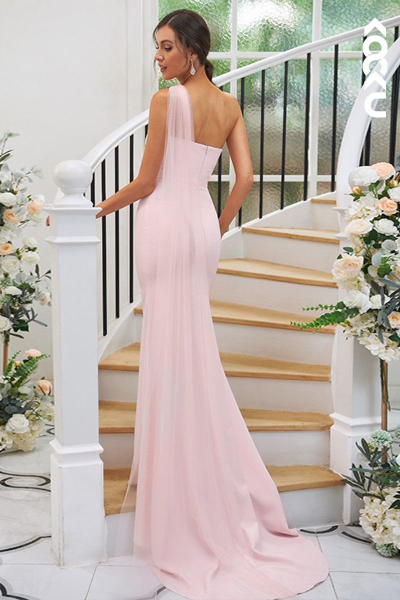 B4035 - One Shoulder Satin Sheath Long Bridesmaid Dress With Tulle Shawl