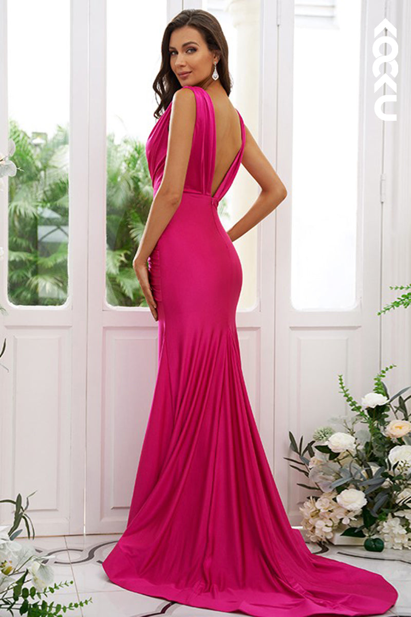 B4038 - V-Neck Ruched Satin Sheath Long Bridesmaid Dress