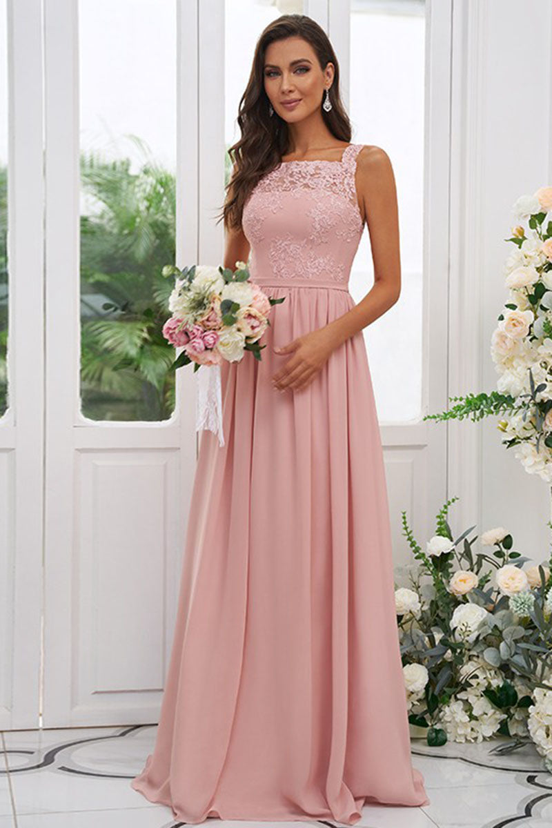 B4041 - Square Neck Lace Appliqued Chiffon A-Line Bridesmaid Dress