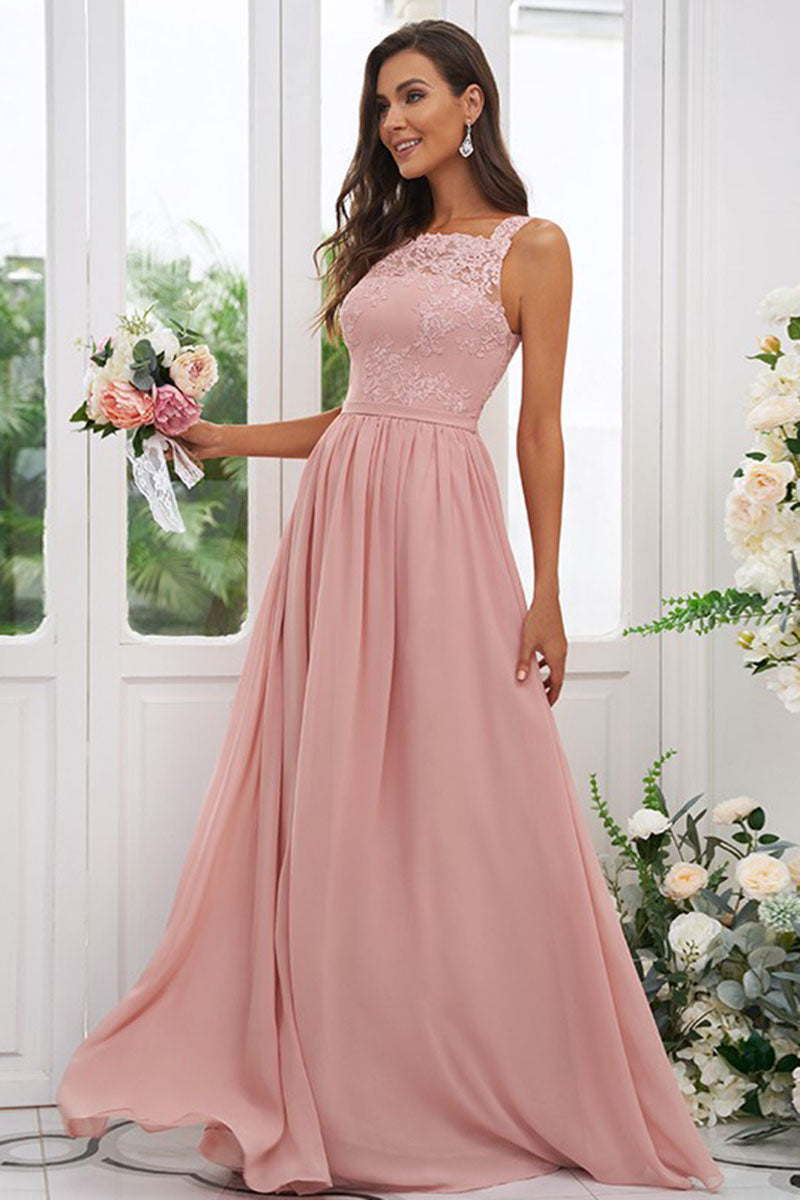 B4041 - Square Neck Lace Appliqued Chiffon A-Line Bridesmaid Dress