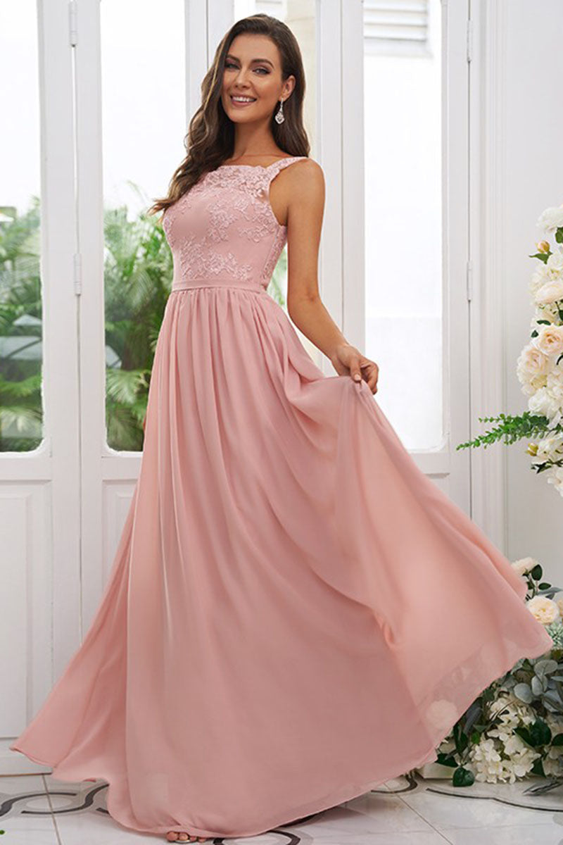 B4041 - Square Neck Lace Appliqued Chiffon A-Line Bridesmaid Dress