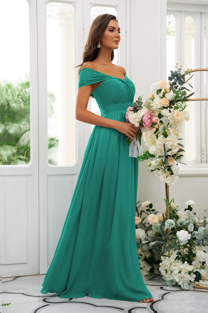 B4042 - Off-Shoulder Chiffon Ruched Sleeveless A-Line Bridesmaid Dress