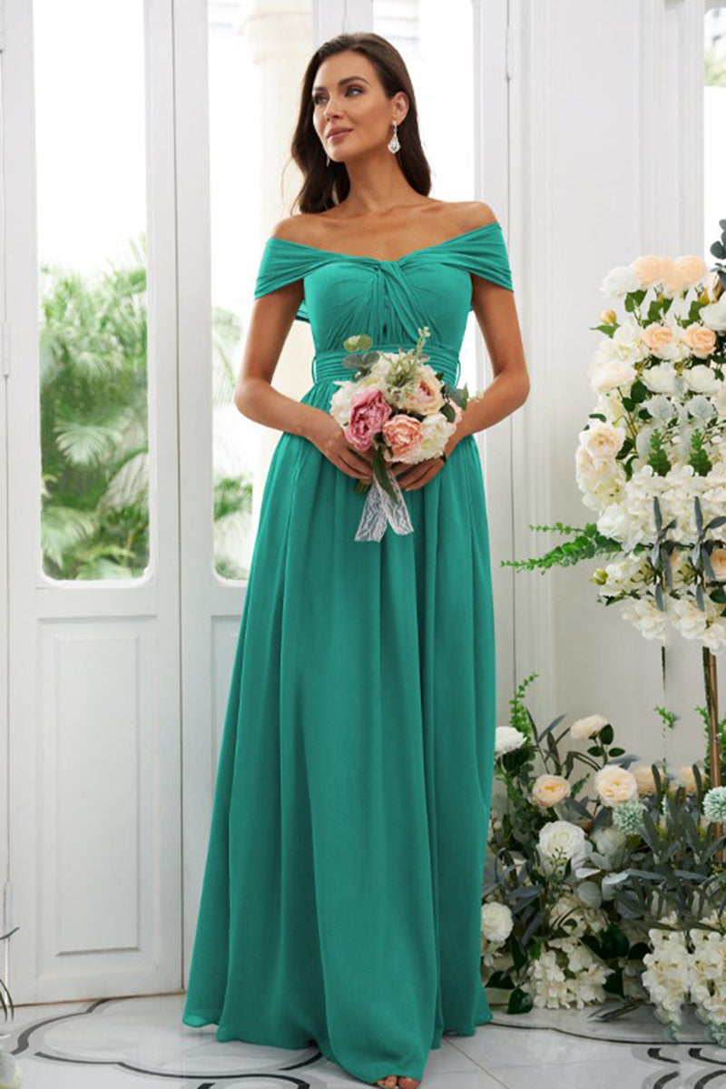 B4042 - Off-Shoulder Chiffon Ruched Sleeveless A-Line Bridesmaid Dress