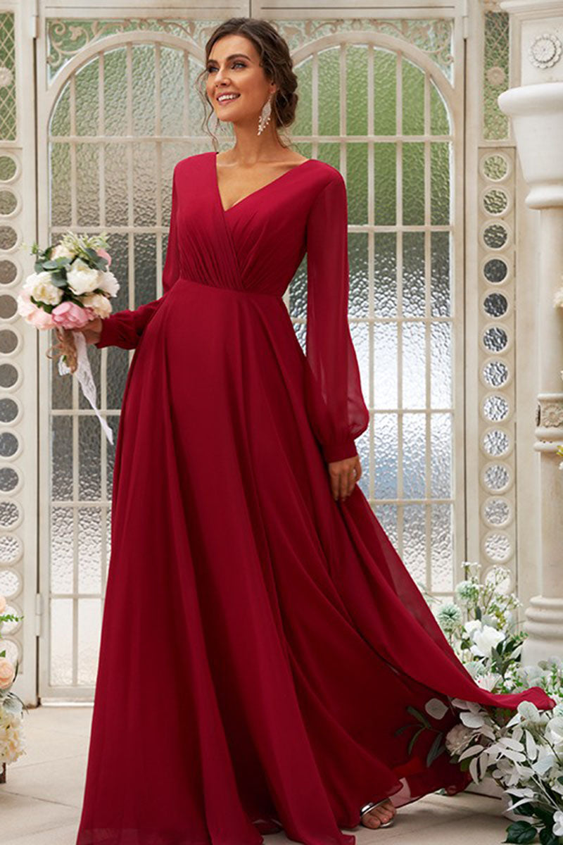 B4043 - V-Neck Lone Sleeves Ruched Chiffon A-Line Bridesmaid Dress