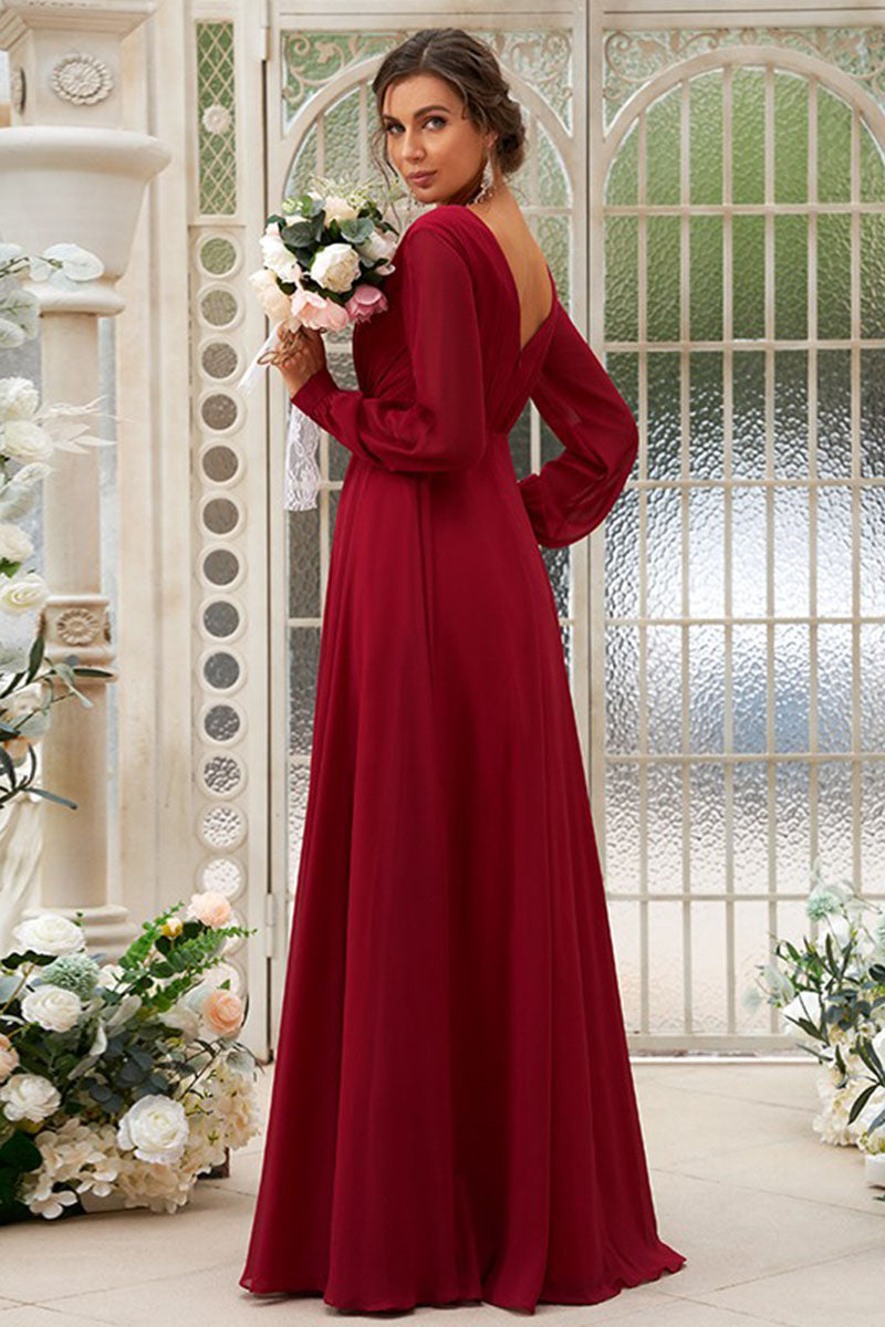 B4043 - V-Neck Lone Sleeves Ruched Chiffon A-Line Bridesmaid Dress