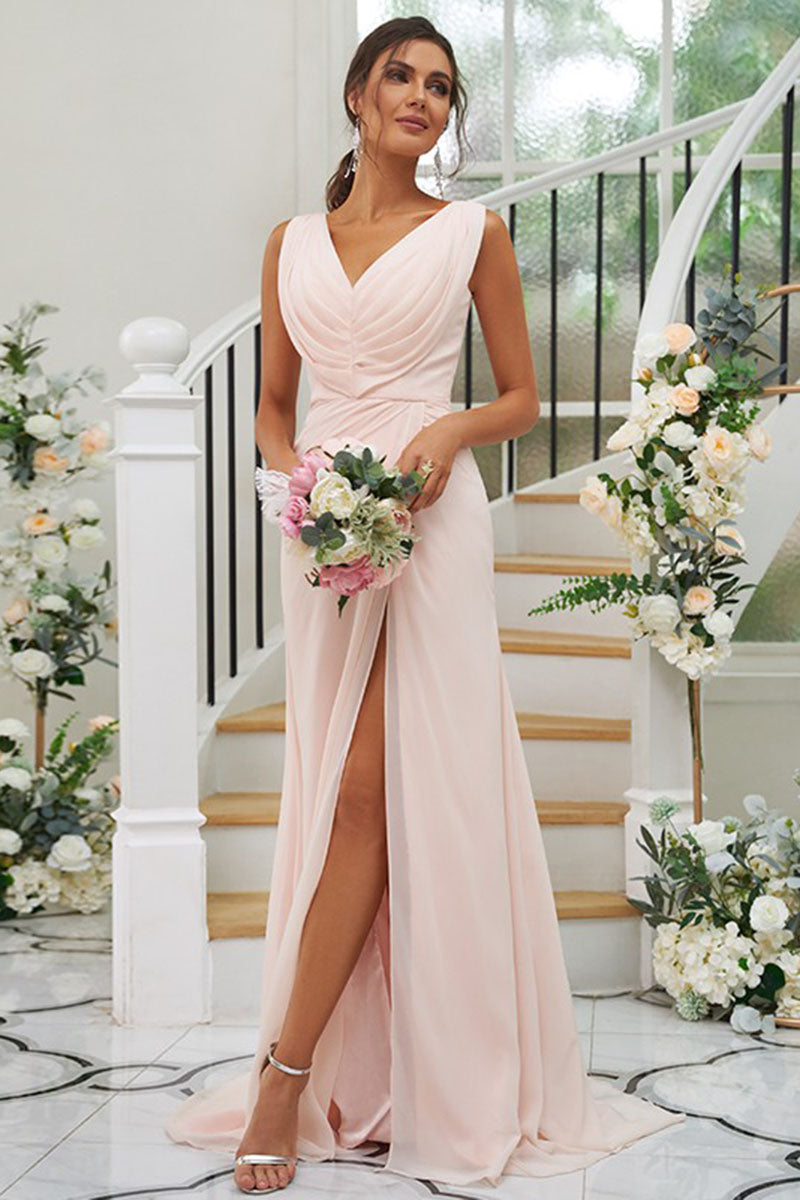 B4045 - V-Neck Sleeveless Ruched Chiffon A-Line Bridesmaid Dress With Slit